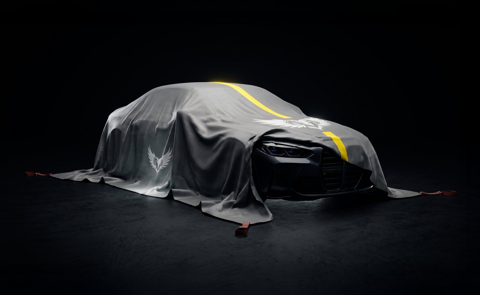 Golden Fleece EV thermal containment blanket draped over a sedan in a dark cinematic studio — the iconic yellow alignment stripe and ram-and-wings brand mark visible against deep black background.