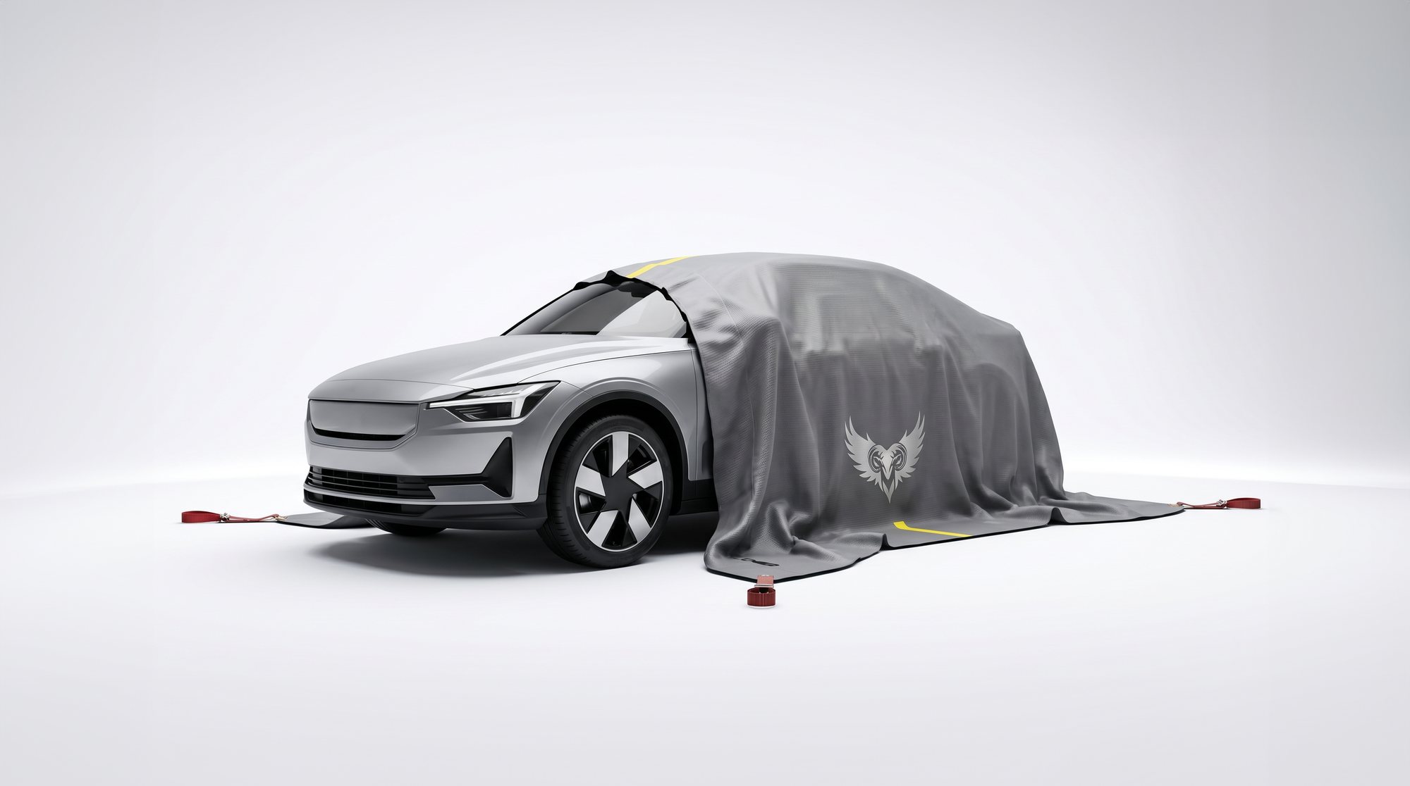 Golden Fleece EV thermal containment blanket draped over a modern electric SUV in a clean studio — branded ram-and-wings mark, yellow alignment stripe, and red corner lifting loops visible.