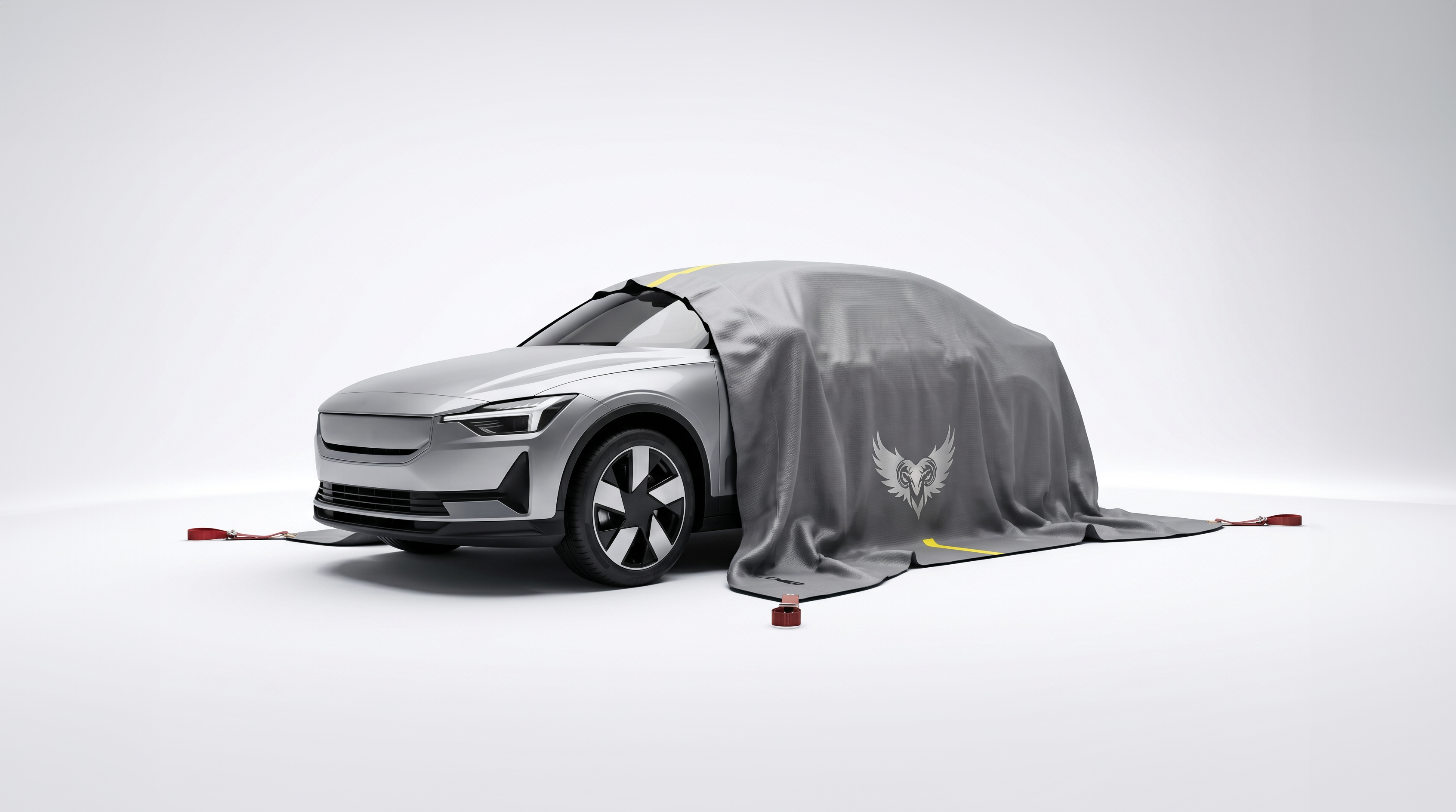 Golden Fleece EV thermal containment blanket draped over a modern electric SUV in a clean studio — branded ram-and-wings mark, yellow alignment stripe, and red corner lifting loops visible.