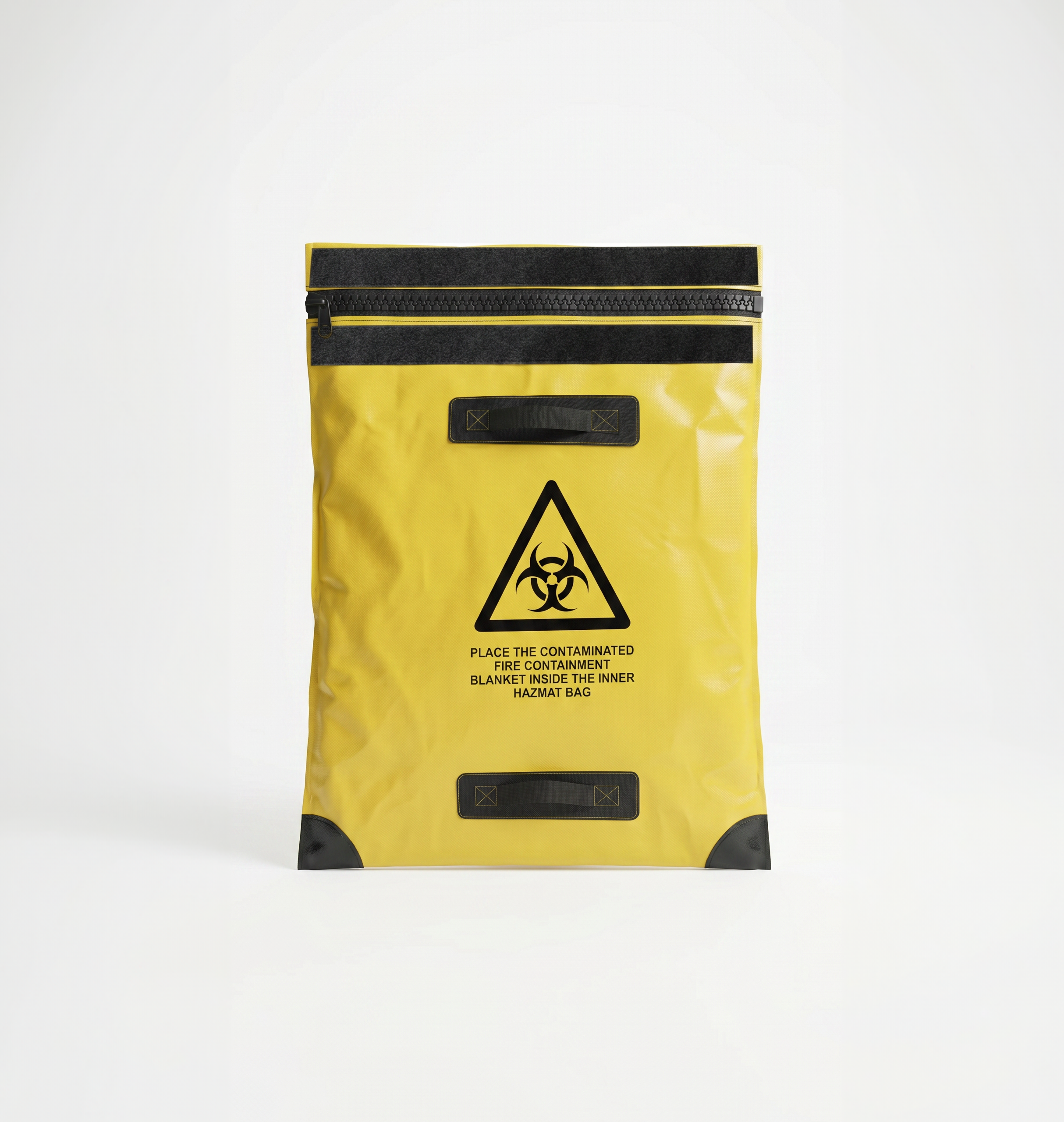 Yellow Golden Fleece Fire Safety inner hazmat bag with biohazard symbol and instruction to place the contaminated fire containment blanket inside the inner hazmat bag — for post-incident decontamination and HAZMAT recovery.