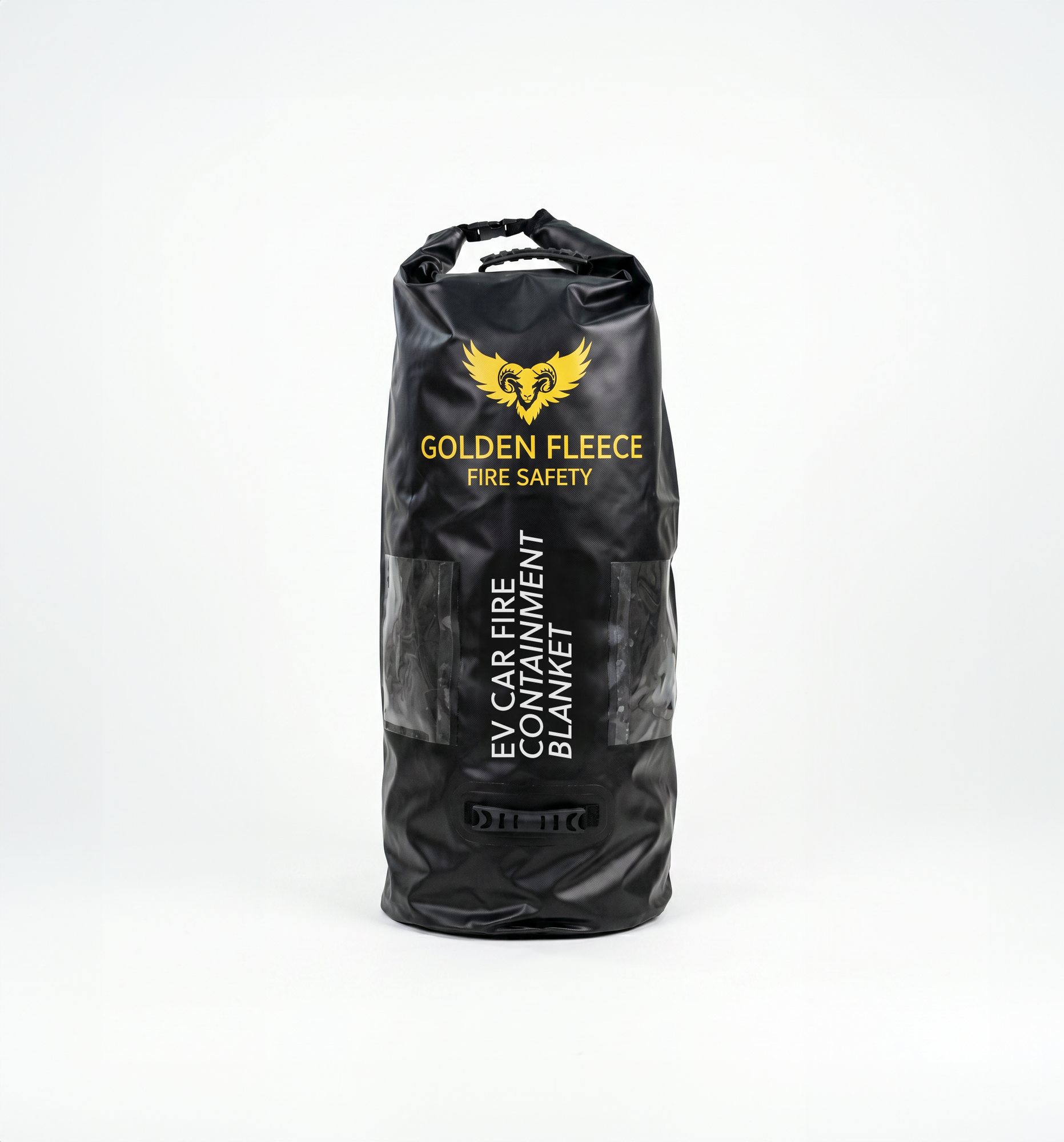 Golden Fleece Fire Safety branded outer carry bag for the EV Car Fire Containment Blanket — weather-sealed black bag with yellow ram-and-wings brand mark and product labelling.