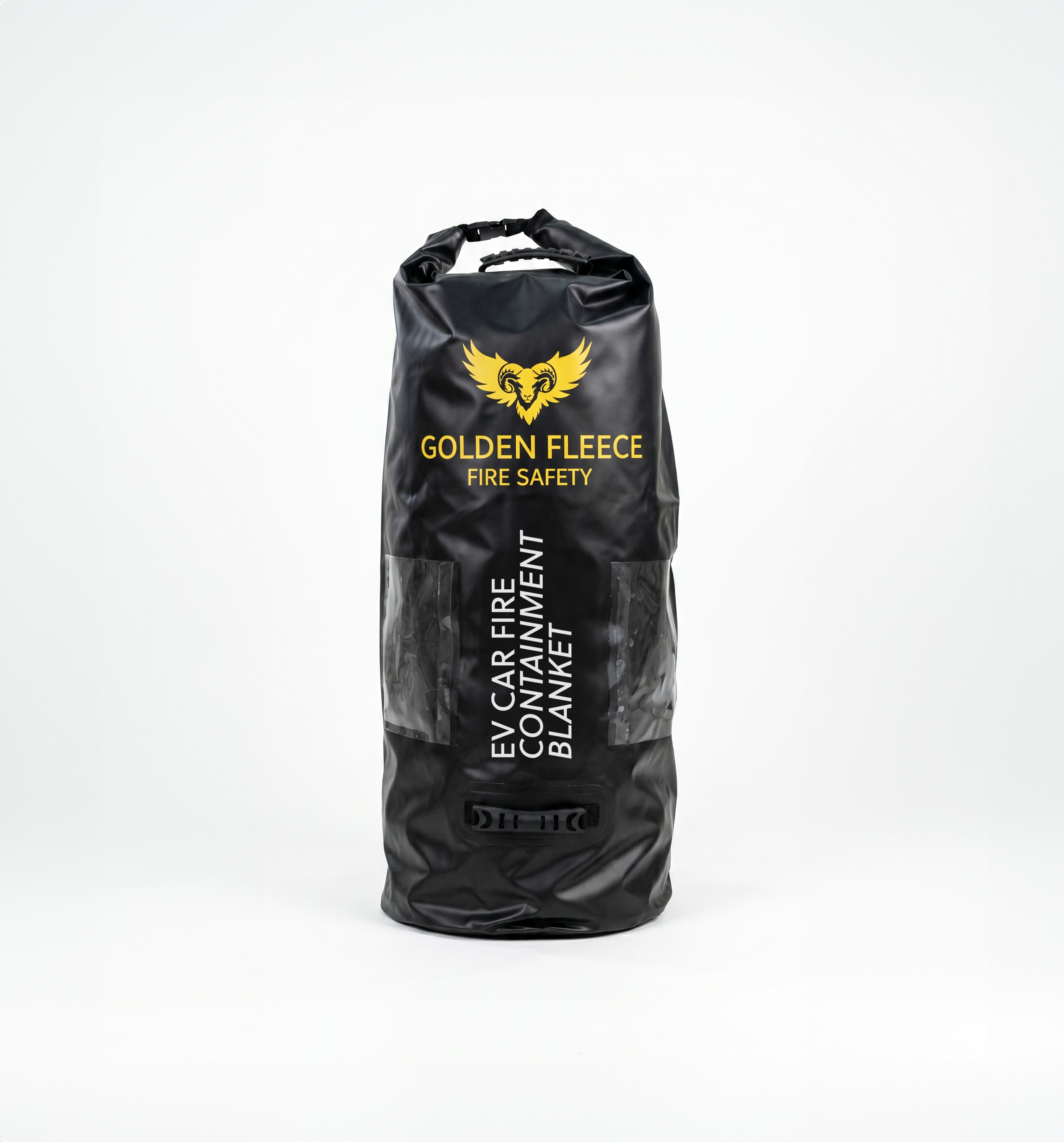 Golden Fleece Fire Safety branded outer carry bag for the EV Car Fire Containment Blanket — weather-sealed black bag with yellow ram-and-wings brand mark and product labelling.