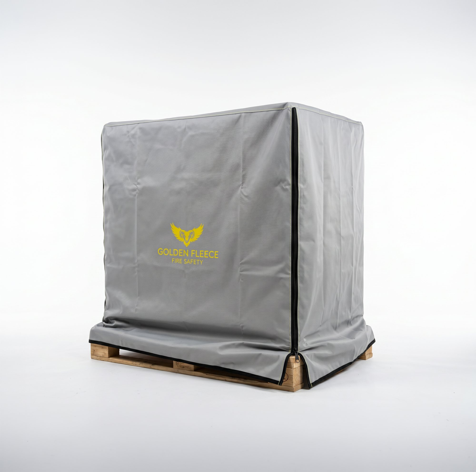 Golden Fleece Fire Safety silicone-coated fire-resistant pallet cover — branded grey containment cover draped over a palletised load of lithium-ion batteries, providing storage and in-transit thermal protection.