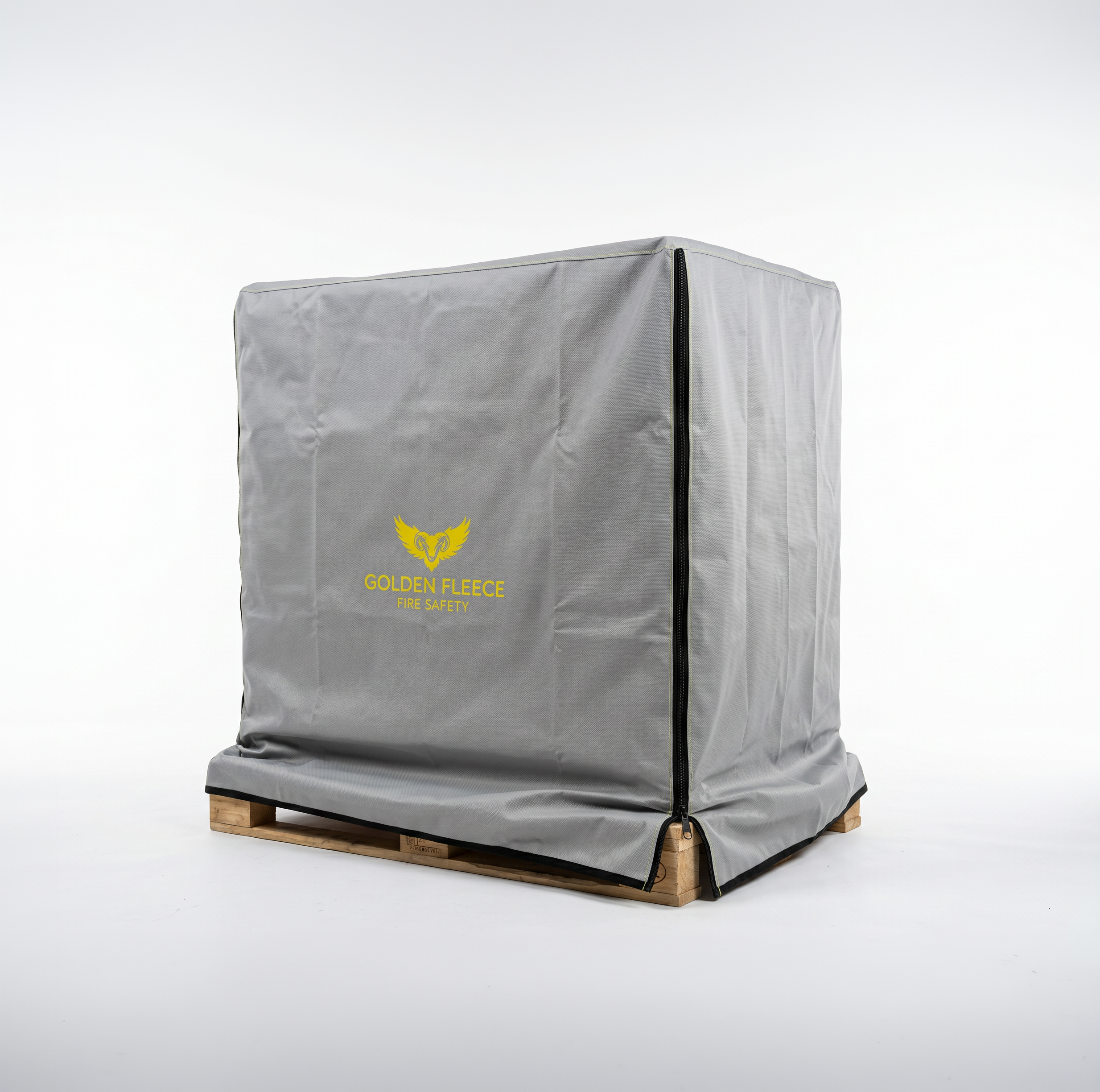 Golden Fleece Fire Safety silicone-coated fire-resistant pallet cover — branded grey containment cover draped over a palletised load of lithium-ion batteries, providing storage and in-transit thermal protection.