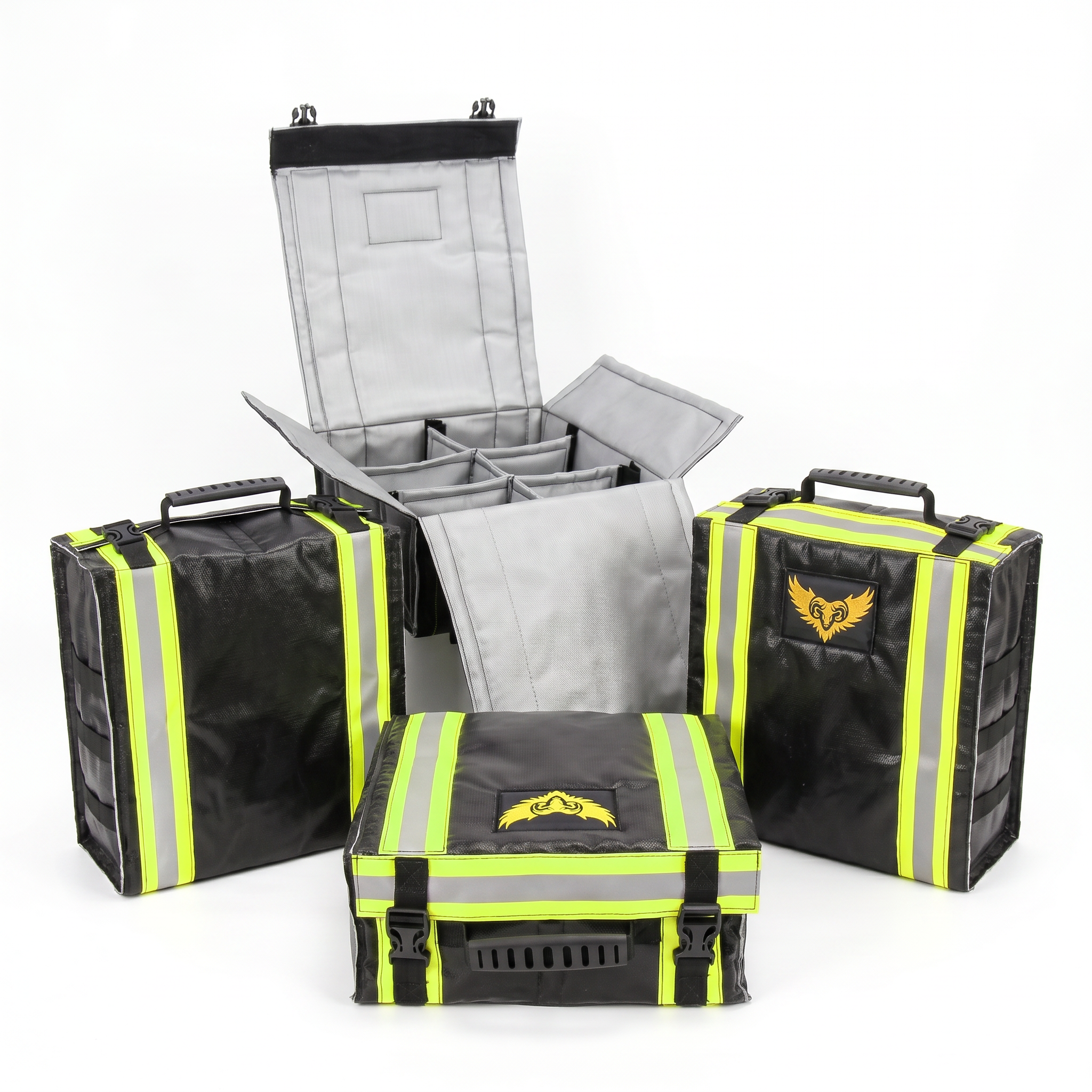 Golden Fleece Fire Safety lithium-ion battery containment bags — high-visibility fire-safe transport and storage bags with reflective stripes, ram-and-wings brand mark, internal dividers and fire-resistant liner for safe handling of damaged or end-of-life EV batteries.